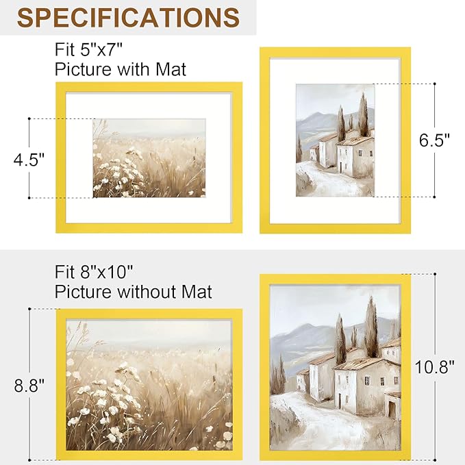 Vittanly 8x10 Picture Frame Set of 2, Solid Wood Frame for Wall or Tabletop, Display Photo 5x7 with Mat or 8x10 without Mat, Yellow