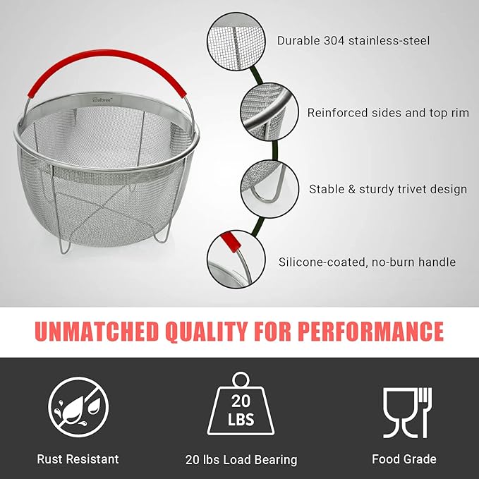 Original Salbree Steamer Basket for 6 qt quart Instant Pot Accessories, Stainless Steel Strainer and Insert fits IP Insta Pots, Instapot, Other Pressure Cookers, with Silicone Handle [3qt 8qt avail]