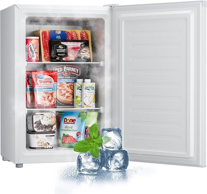 Upstreman 3.0 Cu.ft Small Mini Freezer Upright Freezer with Reversible Door, Fast Cooling, 5 Adjustable Thermostat, Stand Up Freezers with Ice Trays Defrosting Tools for Home, Dorm (White)