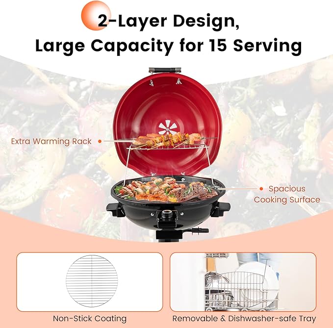 HAPPYGRILL 1600W Electric Grill Outdoor, Portable BBQ Grill with Warming Tray, Removable Non-Stick Grill Rack, Adjustable Temperature& Oil Drip Tray for Patio, Camping, Picnic