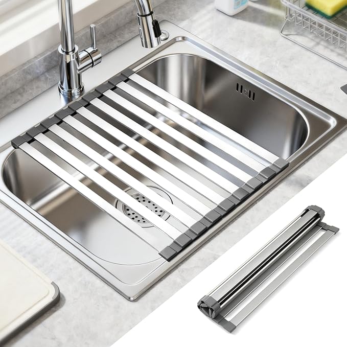 16.5" X 13" Roll Up Dish Drying Rack，Over The Sink Drying Rack 304 Stainless Steel Foldable Heat-Resistant Dishes Drainer for Kitchen and RV Sink Counter