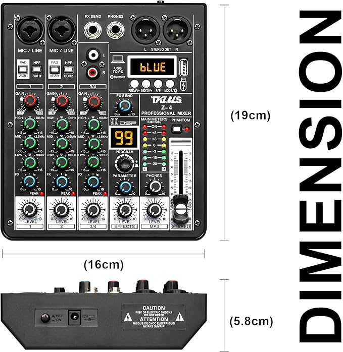 4 Channel Audio Mixer, Professional DJ Mixer Sound Board Mixing Console with 99-Bit DSP Effect, Bluetooth USB Interface Stereo Mixer Board with 48V Phantom Power For Recording Live Stream