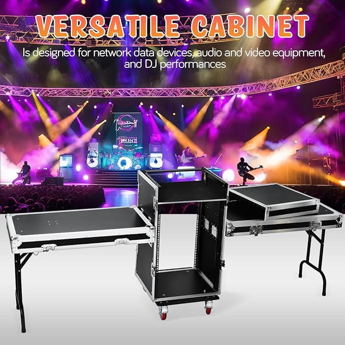 16u Dj Road Case, Recording Studio Rack Stand With Audio Mixer Stand & Wheels, Portable Media Storage Cabinet for Stage Performance Professional Audio Storage