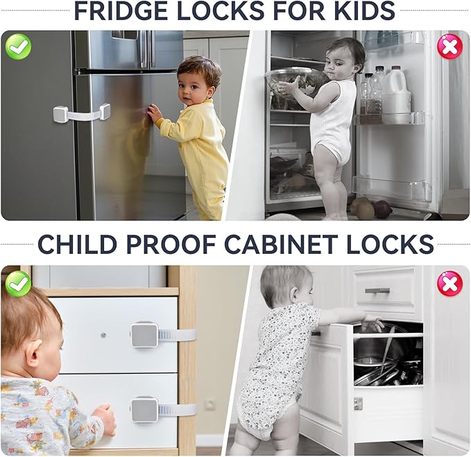 4 Pack Child Safety Cabinet Locks for Baby Proofing, Length Adjustable Latch Straps Dual Button Design for Drawers Fridge Refrigerator Doors Toilet Seat Oven (Grey, 4Pack)
