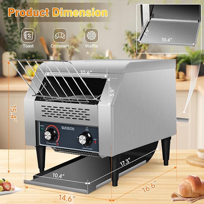 Commercial Toaster 300 Slices/Hour 1900W Heavy Duty Industrial Conveyor Toaster Stainless Steel Electric Oven with Dual Heating Tube 7-speed Adjustments for Bagel Croissant Restaurant Bakery Cafe
