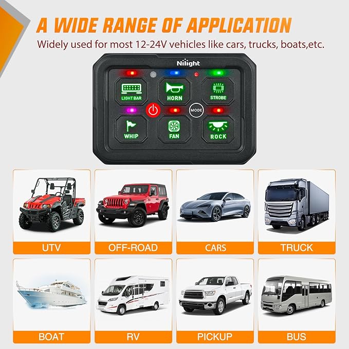 Nilight 6 Gang Switch Panel Green Circuit Control Relay System with Fuse Wiring Harness Toggle Momentary Strobe Flash Modes Automatic Dimmable ON Off Pod 12V 24V for Car Truck Camper SUV