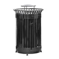 45 Gallon Black Trash Can with Lid and Door, Outdoor Heavy-Duty Commercial Waste Bin Steel Slatted, Round Recycle Container, Durable Garbage Can for Parks, Municipalities, Schools, Parking