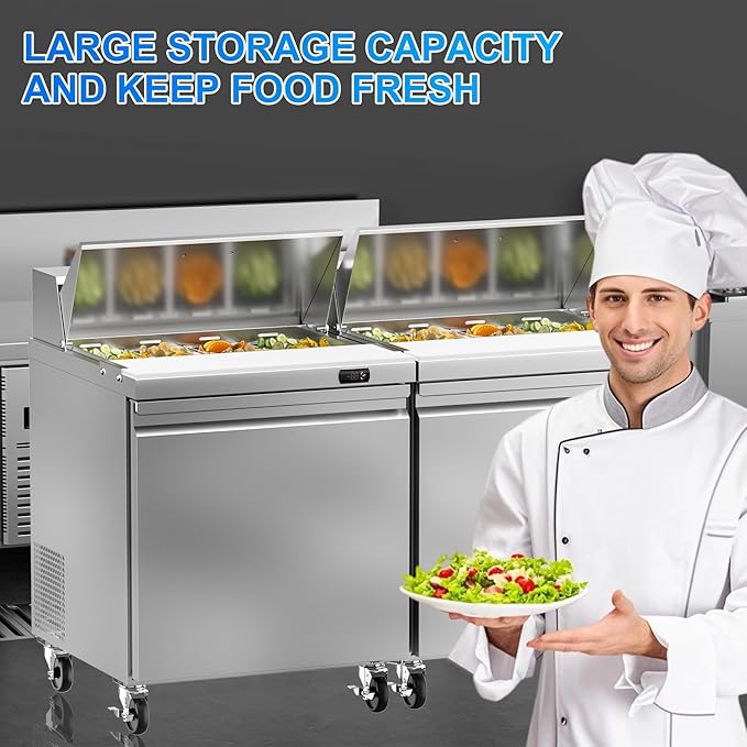 29" W Commercial Sandwich Salad Prep Table Refrigerator, 7.6 Cu.ft Single Door Stainless Steel Commercial Kitchen Refrigerated Equipment with 8 Pans for Restaurant, Bar, Shop, etc.