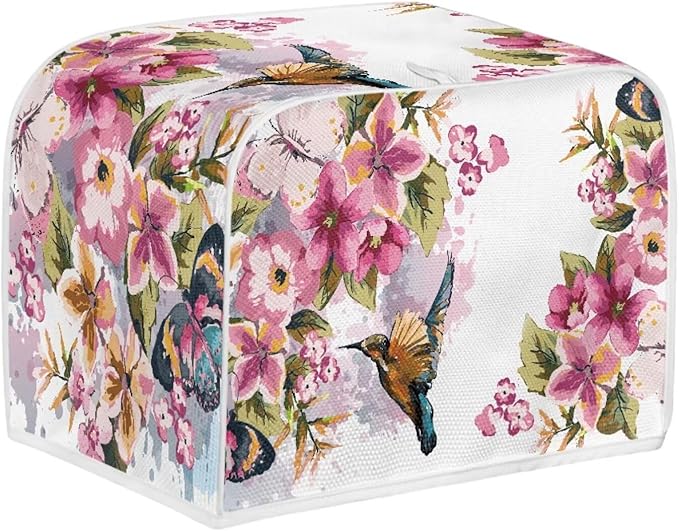 Hummingbird Flower Print Toaster 2 Slice Cover Stain Resistant Bread Maker Cover Dust Fingerprint Protection Kitchen Home Decor