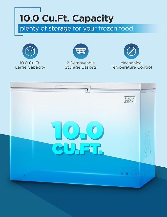 BLACK+DECKER 10 Cu. Ft. Chest Freezer, Deep Freezer with Top Opening, Freezer Chest with 2 Removable Storage Baskets, Mechanical Temperature Control, Manual Defrost, R600a Refrigerant,BCF1000E,White