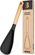 Cooking Spoon for Nonstick Cookwares, Great for Cooking and Serving Sturdy BPA-Free Matte Silicone, Wood Handle Spoon for Mixing, Scoop, and Scrape (BLACK, 13.4 inch)