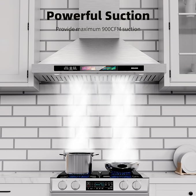 BRANO 36-inch Wall Mount Range Hood 900 CFM with Voice/Gesture/Touch Control, Kitchen Hood Vent with 4 Speed Exhaust Fan, Ducted/Ductless Convertible