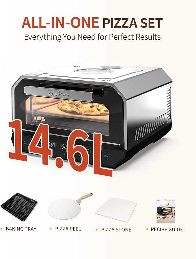 Indoor Pizza Oven, Makes 12 Inch Pizzas in 90 Seconds, Heats up to 850°F Countertop Pizza Oven, 6 Touchscreen Presets Electric Pizza Oven for Kitchen, Baking Tray & Pizza Stone Peel Included-Silver