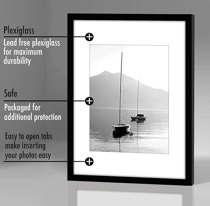 Americanflat 12x16 Picture Frame with Polished Plexiglass - Set of 5 - Use as 8.5x11 Frame with Mat or Display 12x16 Photo Without Mat - Galleria Collection - Picture Frames for Wall Display - Black