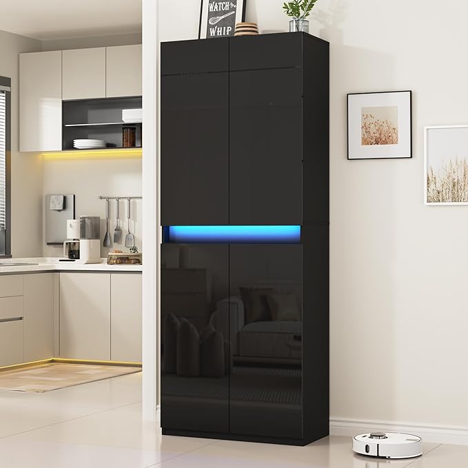 71" Tall Pantry Storage Cabinet, Kitchen Pantry with High Gloss Doors, Modern Buffet Hutch Cabinet with Led Light and Adjustable Shelves for Dining Room, Living Room, Black