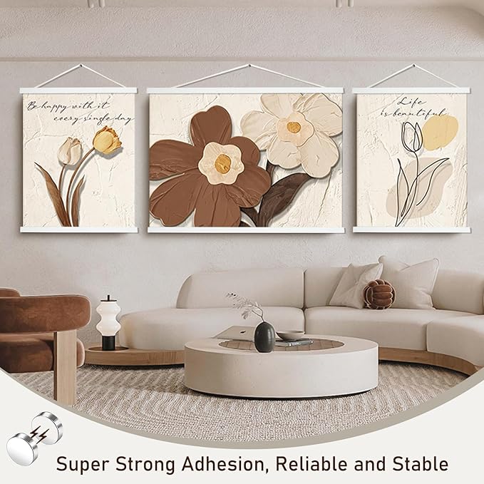 Artmag 2 Pack Magnetic Poster Hanger Frame, 28x22 28x40 28x29 Light Wood Wooden Magnet Canvas Artwork Print Dowel Poster Hangers Frames Hanging Kit (White, 28",2 Packs)