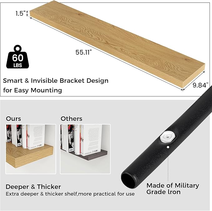 Floating Shelves for Wall 55"W x 10"D x 1.5"H, Long Engineered Wood Wall Shelves with Invisible Brackets for Living Room Bedroom Bathroom Office Kitchen Decor and Storage, Oak Finish, Set of 1