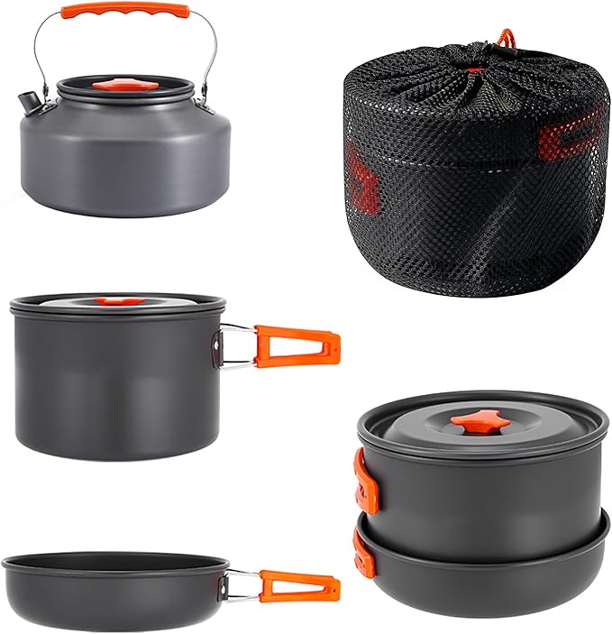 aiGear Camping Cooking Set Cookware Mess Kit with Storage Bag Pot Pan and Teapot Set Camping Accessories for Outdoor Camping Hiking Picnic Portable and Lightweight Aluminum Color Green,Black,Orange