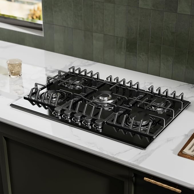 Empava 30 in. Gas Stove Cooktop 5 Italy Sabaf Sealed Burners NG/LPG Convertible in Black Tempered Glass, 30 Inch
