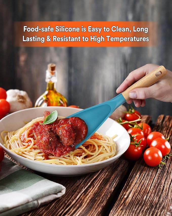 Cooking Spoon for Nonstick Cookwares, Great for Cooking and Serving Sturdy BPA-Free Matte Silicone, Wood Handle Spoon for Mixing, Scoop, and Scrape (TURQ, 11.4 inch)