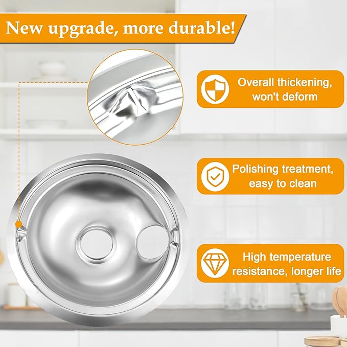 4 Pack (2) 6" & (2) 8" Electric Stove Burner Covers, Drip Chrome Pan Set Replacement for GE/Hotpoint WB31T10010 and WB31T10011