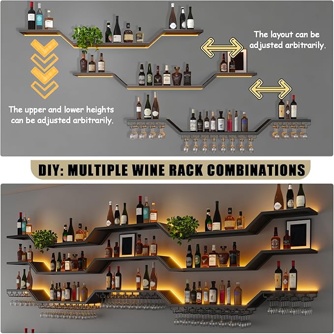 55.1in Modern LED Wine Rack Wall Mounted, 3-Tier Floating Bar Shelves with Wine Glass Rack, Large Hanging Liquor Shelf Wall Mounted, for Home Bar Dining Room Cafe Decorative (Black, 55.1in/140cm)