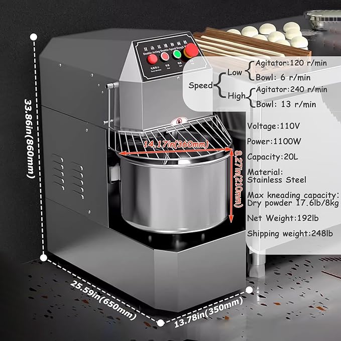INTSUPERMAI Commercial Dough Mixer Machine Electric Food Mixer with Double Action Double Speed Spiral Mixing for Schools Bakeries Restaurants Pizzerias 110V 20L Capacity