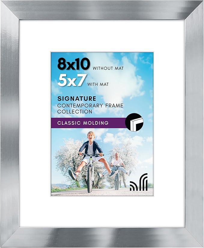 Americanflat 8x10 Picture Frame with Polished Crystal-Clear Glass - Use as 5x7 Frame with Mat or Display 8x10 Photo Without Mat - Signature Collection - Picture Frames for Tabletop and Wall - Silver