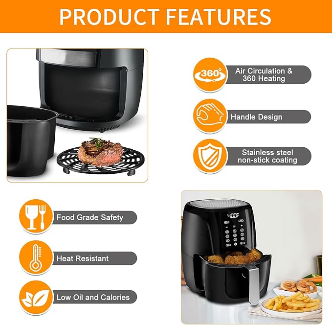 GWY Air Fryer Grill Pan for Gourmia GAF536 GAF556 GAF566 5QT Air Fryer, 8.8''×8.4'' Nonstick Air Fryer Replacement Tray Parts Rack Basket Accessories Grill Plate Crisper Plate with Rubber Bumpers