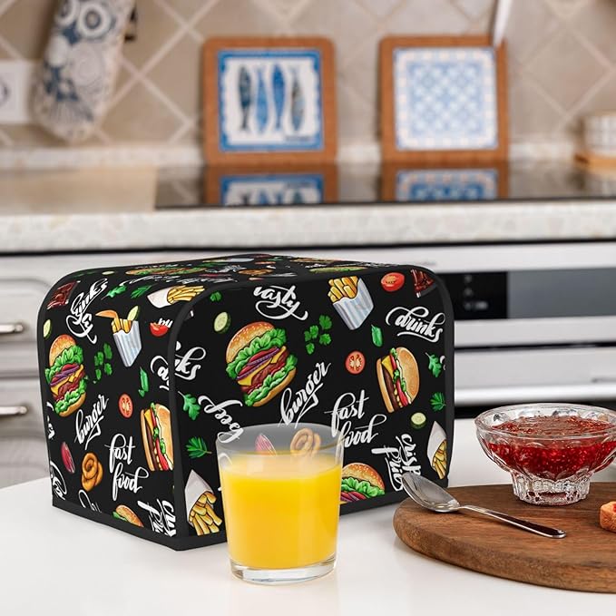 Funny Hamburger Fast Food 2 Slice Toaster Cover, Waterproof Toaster Dust Cover Bread Maker Protective For Small Kitchen Appliance Dining Room Home Table Decor Gifts