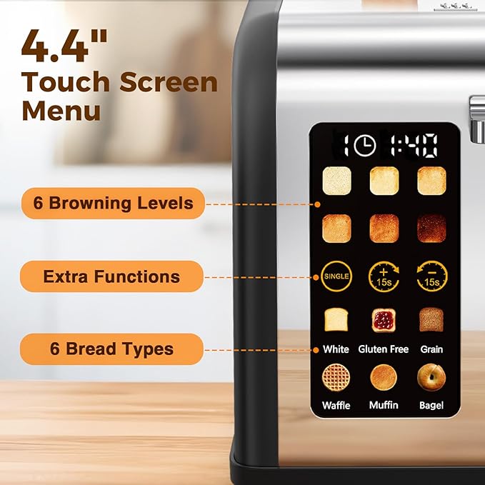 2 Slice Easy Touch Screen Toaster, Stainless Steel Toaster with Wide Slots, Even Toasting for Bagels & Bread, Reheat & Defrost, Removable Crumb Tray, Matt Black
