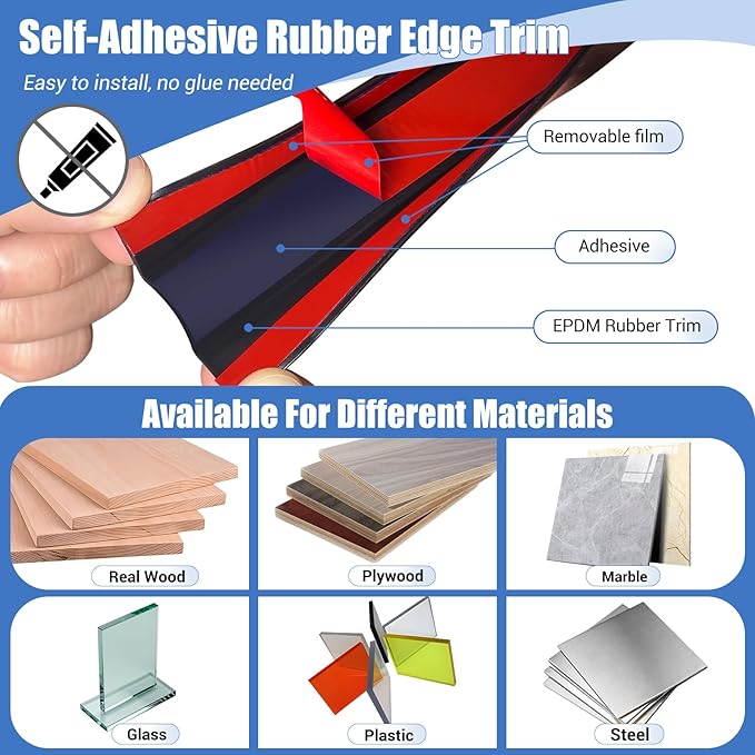 Rubber Edge Trim, Self-Adhesive U Channel Edge Protector for Plywood, Cabinet, 1" Wood Edge Banding, Flexible Furniture Repair, EPDM Material, Fit 1"(25mm), Length 20Ft, Black Color