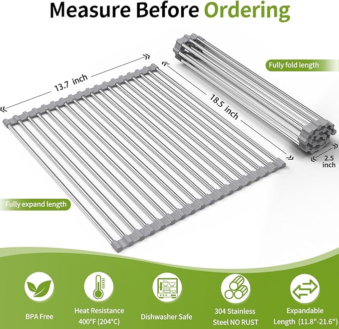 Foldable Over Sink Dish Drying Rack - Stainless Steel Sink Drain Rack with Silicone Edges, Roll-Up Storage for Kitchen, RV, Dorm Sinks (18.5×13.7 in)