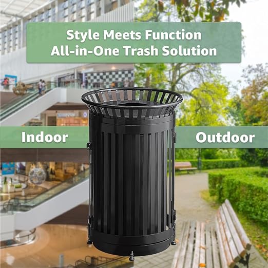 45 Gallon Commercial Black Waste Bin with Flat Lid & Door, Heavy-Duty Outdoor Trash Can Steel Slatted, Round Recycle Container, Durable Garbage Can for Parks, Municipalities, Schools, Parking