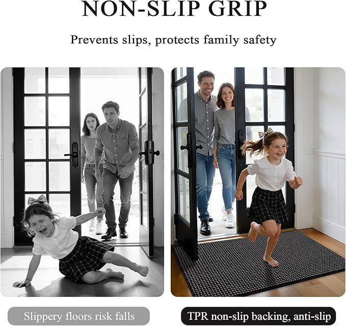 hicorfe Dirt Trapper Indoor Doormat,20"x32" Welcome Door mat,Non Slip Backing Washable Door Mats,Absorbent and Resistant Low-Profile Entrance Inside Floor Mat for Front Back Door,Entryway (Black)