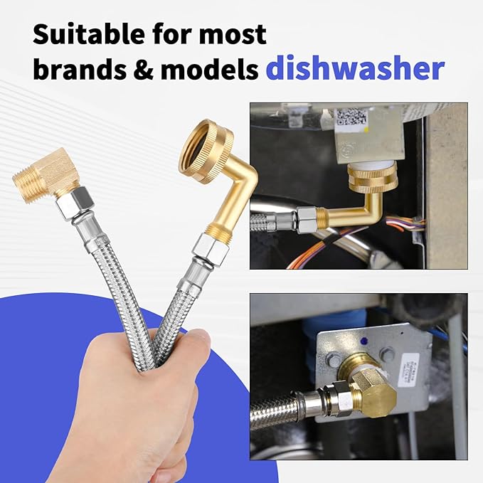 Dishwasher Installation Kit, Braided Stainless Steel Dishwasher Connector, 6 FT Water Supply Line with 3/8 Inch Compression Ends, 3/8 Inch MIP Elbow and 3/4 Inch FHT Elbow, Short Distance Connection