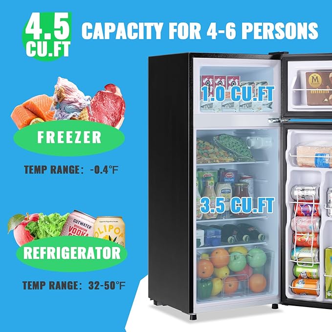 4.5 Cubic Feet Double Door Fridge with Top Freezer Large Capacity Refrigerator with 7 Temperature Control & 3 Removable Shelves Black