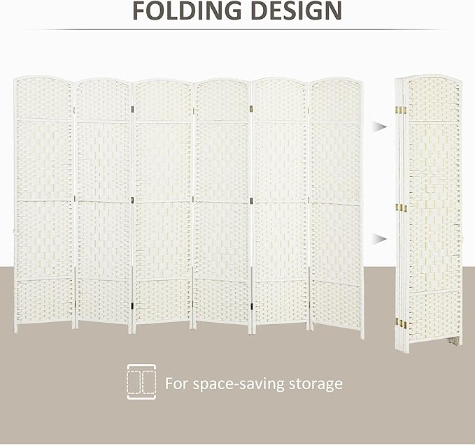 HOMCOM 6 Panel Room Divider, 6' Tall Folding Privacy Screen, Woven Freestanding Wall Partition for Home Office, Bedroom, White