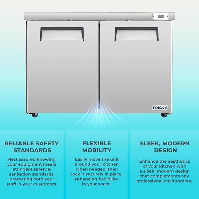 Frigos FG-UCRF-48 48" 2 Door Undercounter Refrigerator Silver - Standing Refrigerator Ideal for Commercial Kitchen - LED Lighting Included Liftgate
