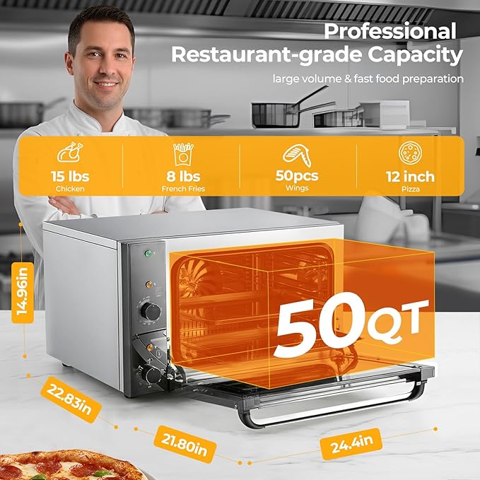 FOHERE Commercial Convection Oven, 50Qt Extra Large Toaster Oven, Electric Pizza Oven for Food Truck, Cafe, Restaurant, 2500W Conventional Oven Countertop with Fan, 122-572℉ Fast Preheating