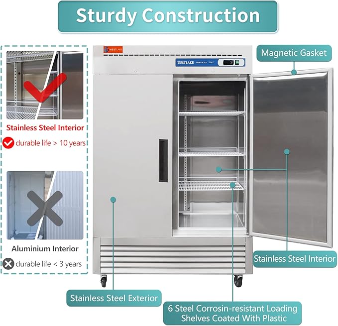WESTLAKE Commercial Refrigerator 54" W 49 Cu.ft Stainless Steel Reach in Solid door Upright Fan Cooling 2 door 2 Section Cooler for Restuarant, Bar, Shop, etc