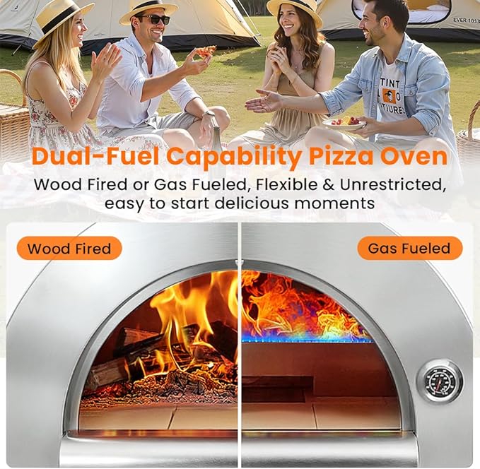 32.5" Dual Fuel Pizza Oven - Wood Fired or Propane Gas Fueled, Large Outdoor Oven with 4 Casters, 8 pcs Pizza Stones for BBQ, Grilling, 430 Stainless Steel Pizza Oven for Backyard, Camping and Party
