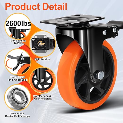 QNCZ Caster Wheels, 5 Inch Heavy Duty Casters Set of 4, Silent Industrial Casters Load 2600lbs, Swivel Casters for Furniture, Workbench and Cart Wheels