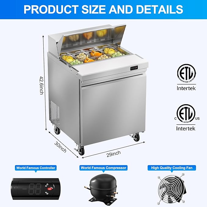 29" W Commercial Sandwich Salad Prep Table Refrigerator, 7.6 Cu.ft Single Door Stainless Steel Commercial Kitchen Refrigerated Equipment with 8 Pans for Restaurant, Bar, Shop, etc.