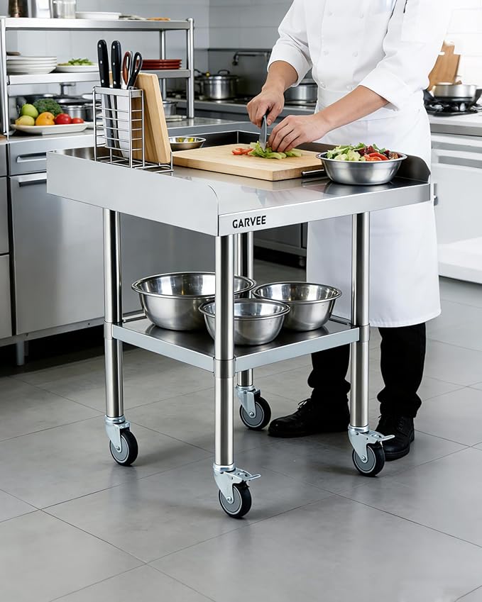 Garvee Stainless Steel Work Table, 30x30x26 Inch Commercial Food Prep Worktable with Wheels, Fixed 3-Sided Backsplash & Height-Adjustable Shelf, Heavy Duty Workbench for Kitchen Restaurant Garage