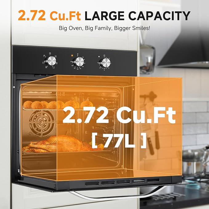 AMZCHEF Wall Ovens 24 inch Electric: 2800w Single Wall Oven with 6 Cooking Modes, 2.72 Cu.Ft. Electric Wall Oven, Convection Oven with Mechanical Knobs Control, Black