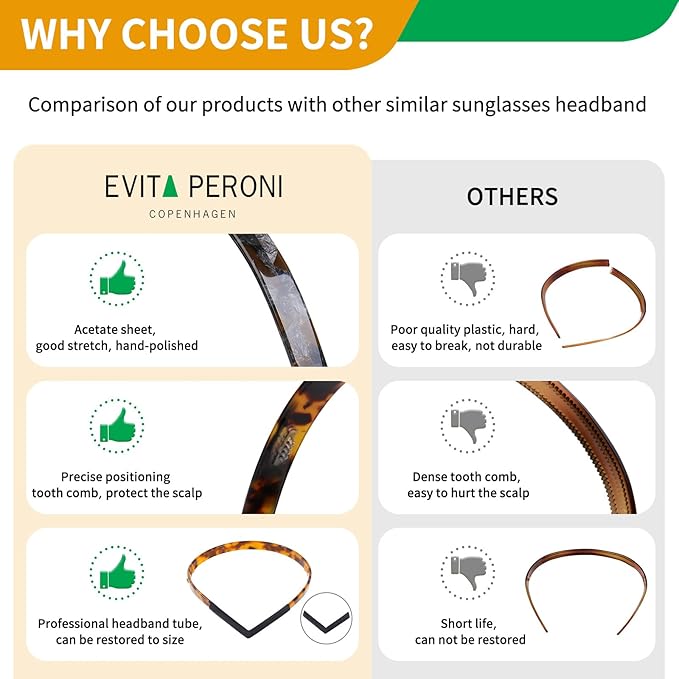 EVITA PERONI Hair Bands - Designed for Eyewear, No Pressure, No Headache, Comfortable Non-Slip Thin Fashion Headbands for Women's Hair - Black