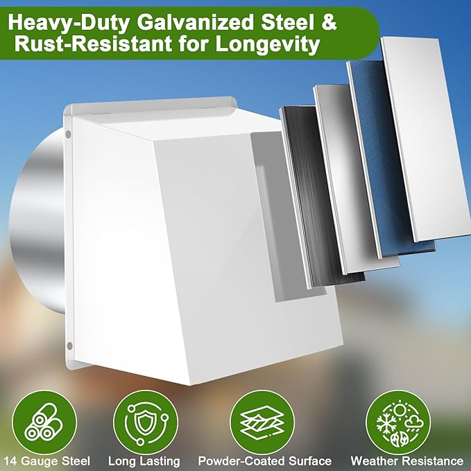 8 Inch Hooded Wall Vent, Dryer Wall Vent Cover Outside with Screen & Damper, Hooded Wall Exhaust Vent Cover, Outdoor Air Vent Cap for Range Hoods/Kitchen/Bathroom/Laundry/Basements/Garages, White