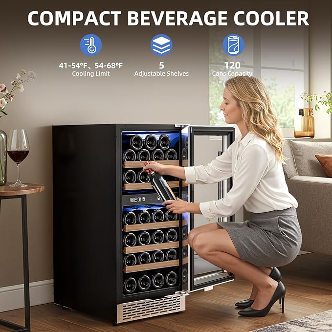 Antarctic Star Wine Fridge 15 Inch Wine Cooler Refrigerator,27 Bottles Dual Zone Freestanding or Bulit-in Wine Cooler Fridge with Stainless Steel Double-Layer Tempered Glass Door,3.1cu.ft
