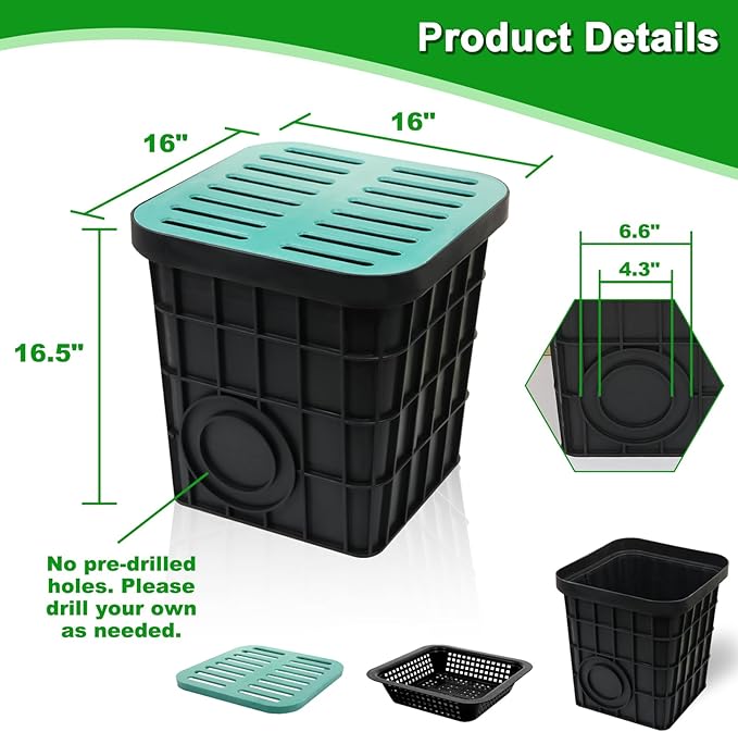 Catch Basin for Drainage 16x16x16.5 Inch Large Drainage Basin with Grate & Debris Basket, French Drain Kit Without Reserved Hole for Yard, Downspout, Lawn, Municipal Pipeline